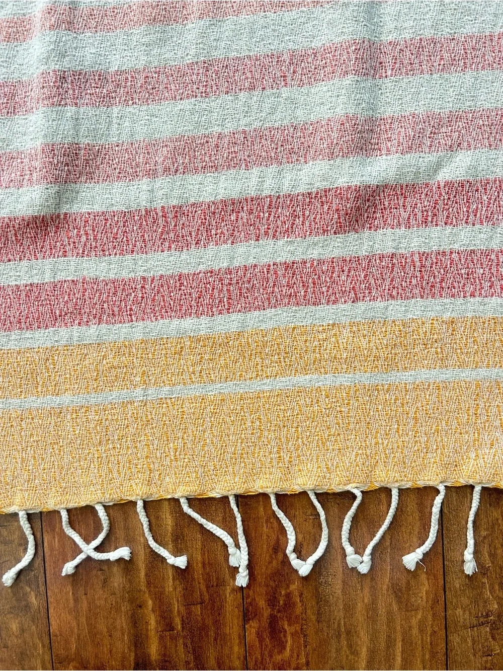 World Market Cotton Throw Blanket Striped Coral Pink Mustard Yellow Fringe 50x60